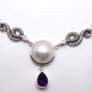 925 Sterling Silver Pearl and Amethyst Necklace, Snakes Necklace with Gemstones